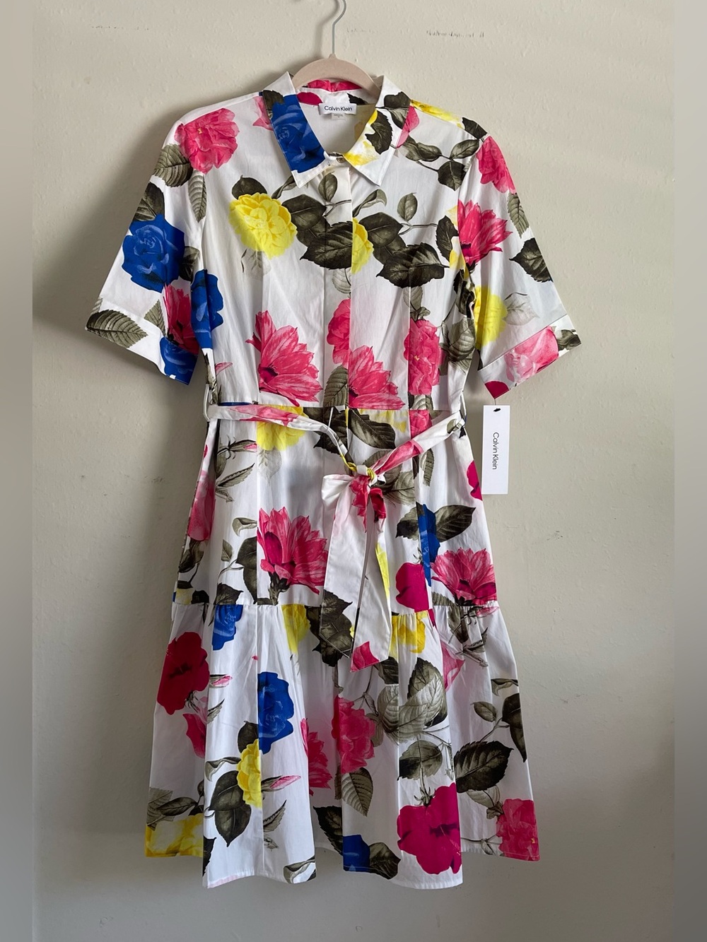 Calvin Klein White Midi Dress with Pink, Blue & Yellow Floral Print